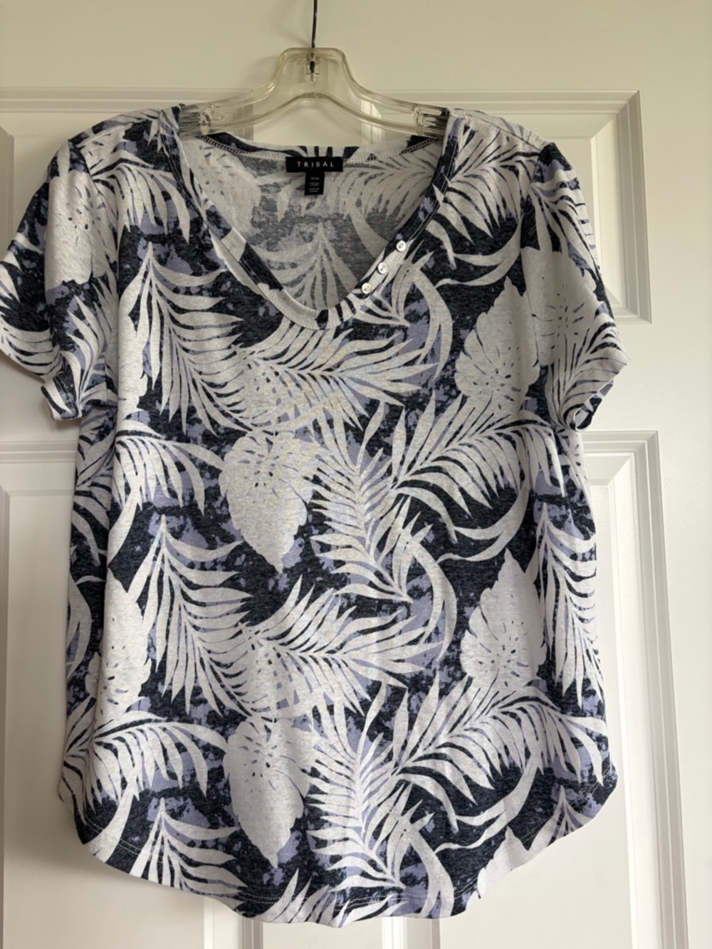 Tribal Navy and White Tropical V-Neck Short Sleeve Top